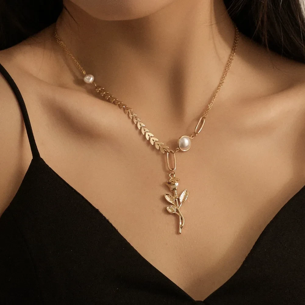 Fashion Rose Pendant Wheat Ear Chain Pearl