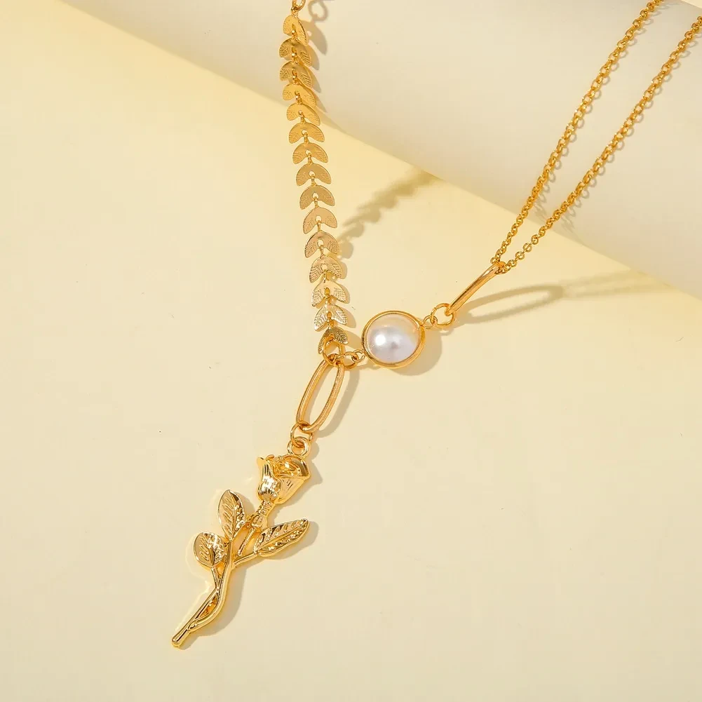 Fashion Rose Pendant Wheat Ear Chain Pearl