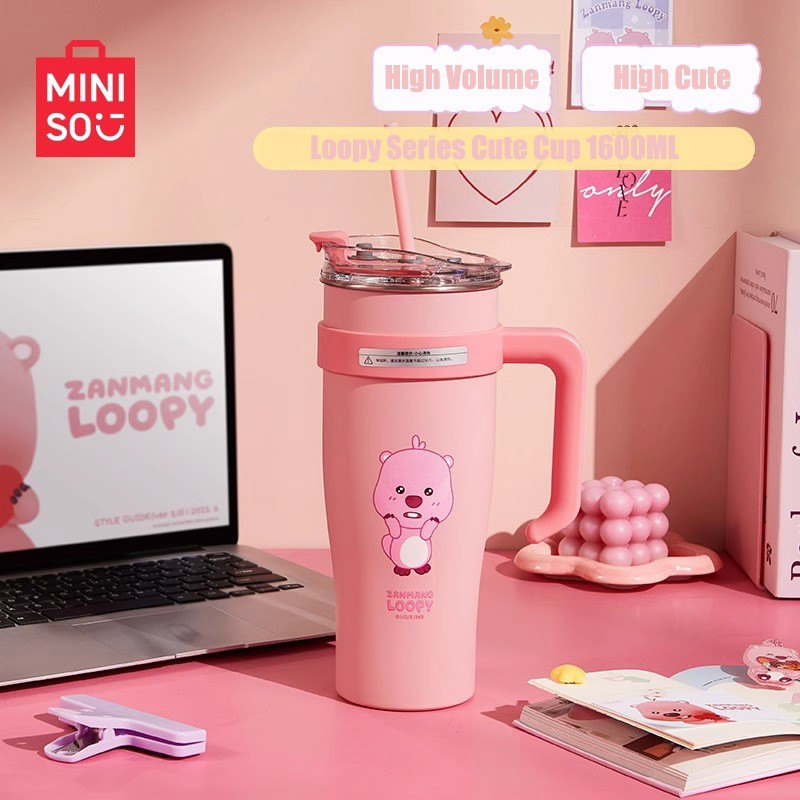 MINISO Loopy Series Jumbo Large Capacity Straw Cup  Cute Cug for Girls, Stainless Steel High Color Value, 1.6L Capacity