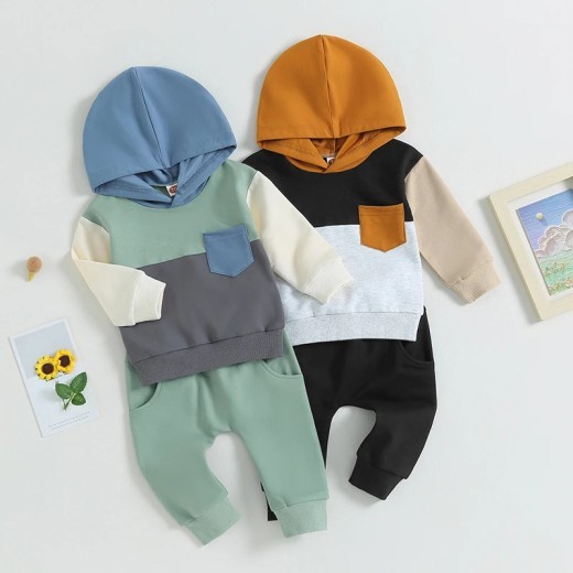Color Contrast Patchwork Pocket Hooded Sweater Children Fashion Casual Set