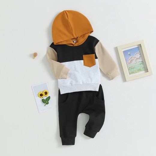 Color Contrast Patchwork Pocket Hooded Sweater Children Fashion Casual Set