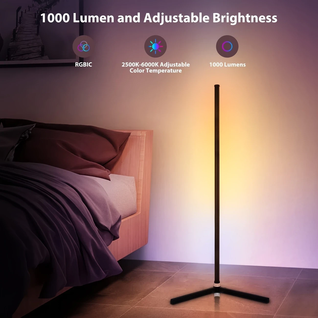 ONGLIN 165cm RGB LED Floor Lamp  Dimmable Color Changing Mood Lighting with App/Remote Control, Music Sync & Adjustable Height, USB Powered, Black