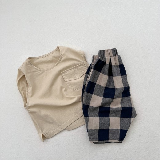 Retro Blue Plaid Casual Capri Pants Children's Middle Pants