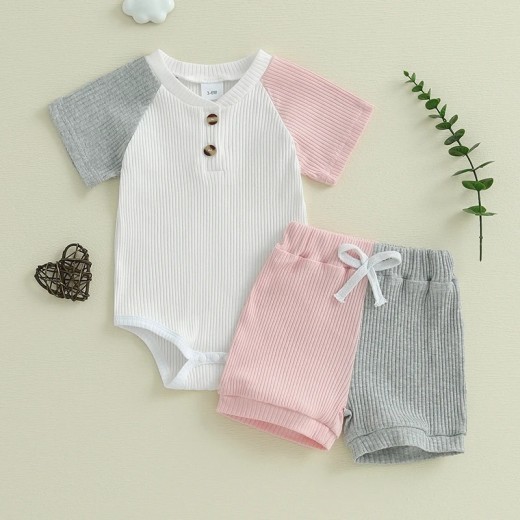 Solid Color Rib Fabric Color Matching Short Sleeve Suit