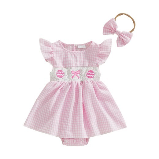 Girls' Plaid Egg Embroidery Smocking Romper