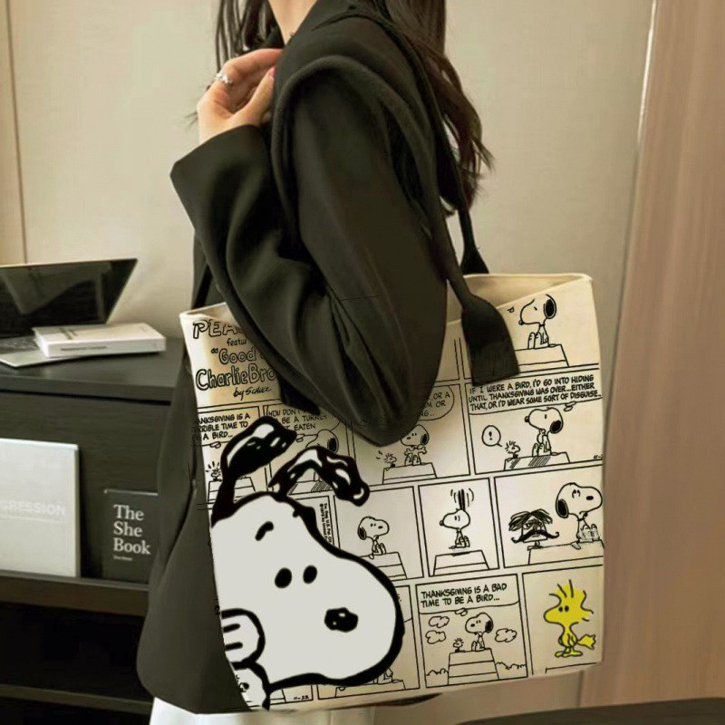 MINISO Snoopy Cartoon Printed Canvas Bag Large Capacity Handbag, Casual Versatile Tote Bag, Shopping Bag, Shoulder Bag