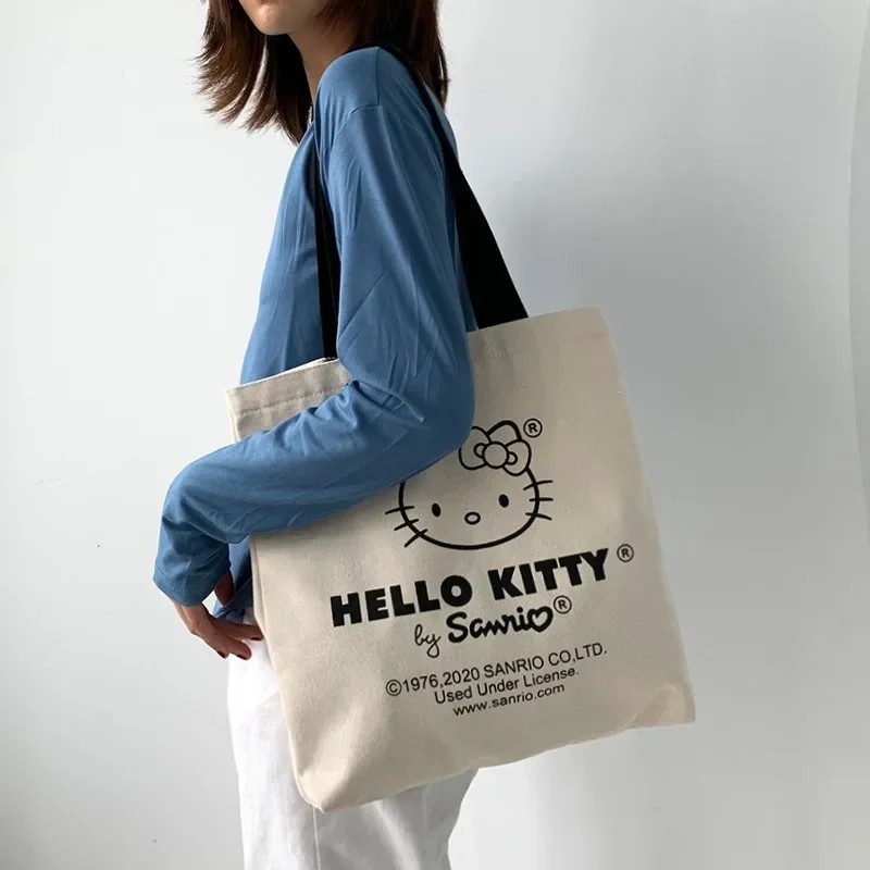 MINISO Disney Women Cute Hello Kitty Canvas Tote Bag  Femme Shopping Shoulder Bag, Travel Tote, Luxury Designer Handbag