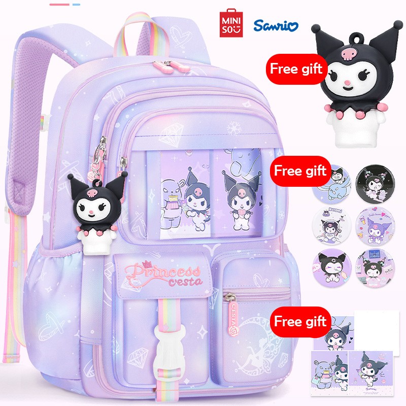 MINISO Sanrio Kuromi Student Backpack  Kawaii Reduce Burden Protect Spine Kids Schoolbag, Cute Cartoon Light Book Bag, Girl Gift