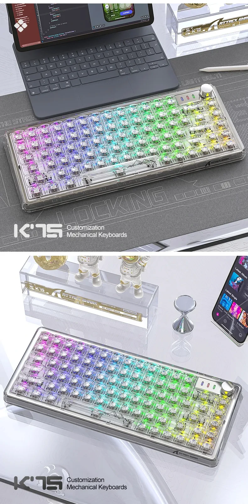Attack Shark K75RGB Wireless Mechanical Bluetooth Transparent Gasket Hot Plug Keyboard