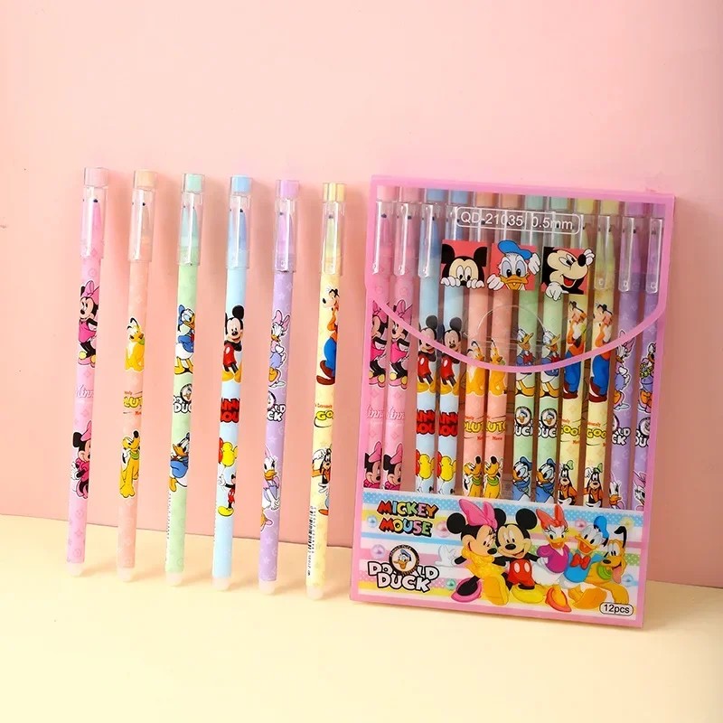 Disney 12pcs Gel Pen Cartoon Mickey Minnie Shape  Children's Prize 0.5mm Black Pen for Office Supplies and Student Stationery