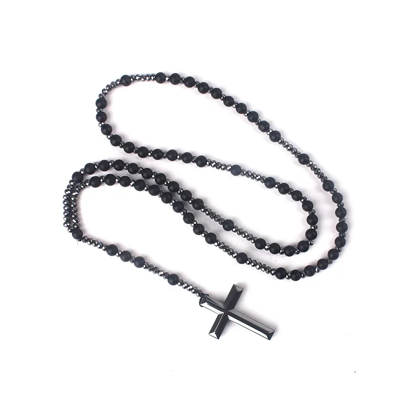 Cross Pendant Black Glitter Matte Agate