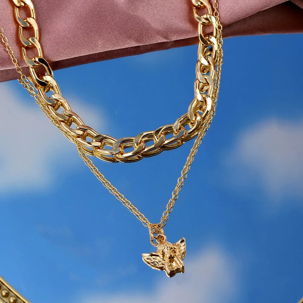 Women's Hip Hop Punk Angel Pendant Double Layer Necklace