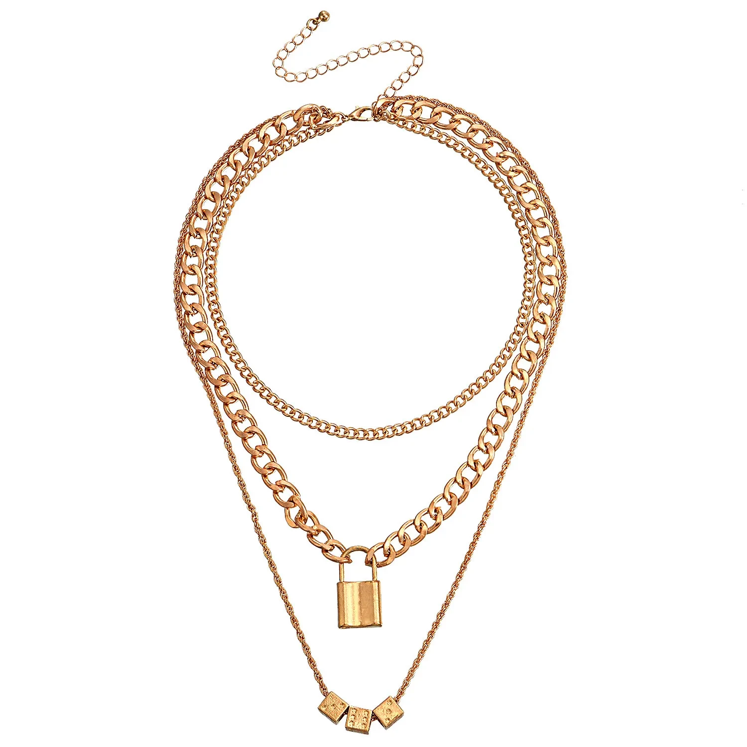 Multilayer Cuban Thick Chain Dice Lock Row Pendant Necklace