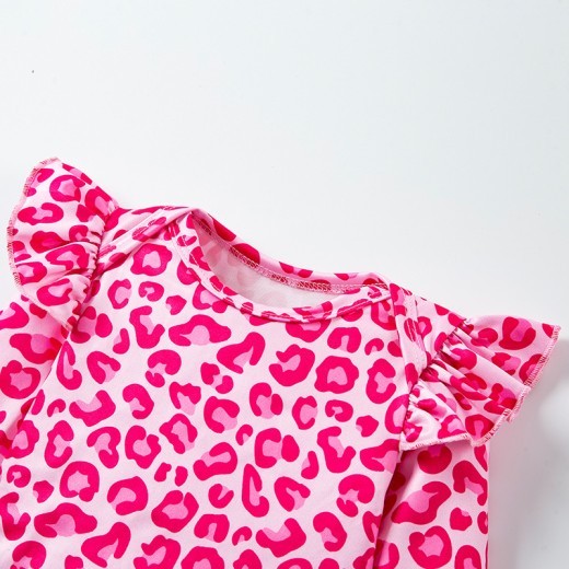 Spring And Autumn Women's Leopard Print Flounced Sleeve Mesh Princess Dress 2-piece Set