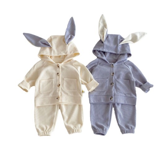 Girls' Rabbit Ears Hooded Coat Trousers Two-piece Set