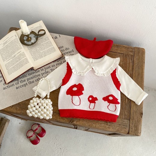 Children's Cotton Knitted Vest Mushroom Jacquard Top