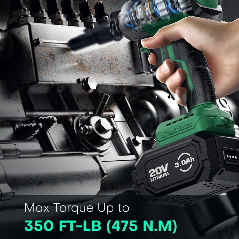 Cordless Impact Wrench, 3000 RPM & Max Torque 350 ft-lbs (475N.m), 1/2 Impact Gun with 3.0Ah Li-ion Battery, 7 Drive Impact Sockets, 1/2 Impact Driver