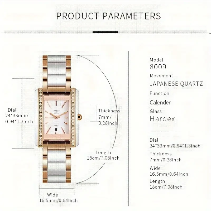 Oupai rectangular dial with stainless steel and white ceramic strap