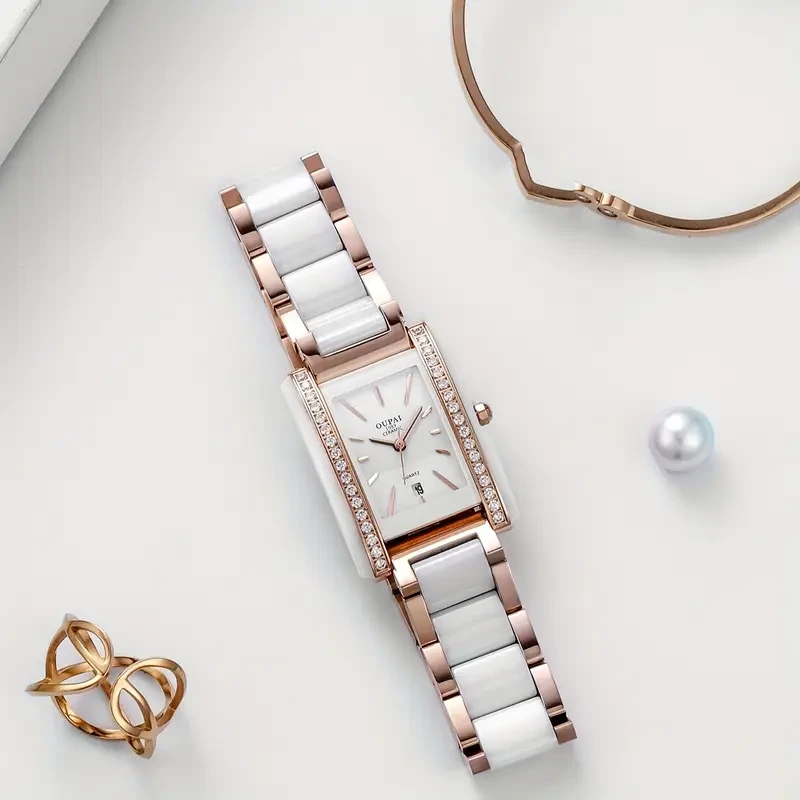 Oupai rectangular dial with stainless steel and white ceramic strap