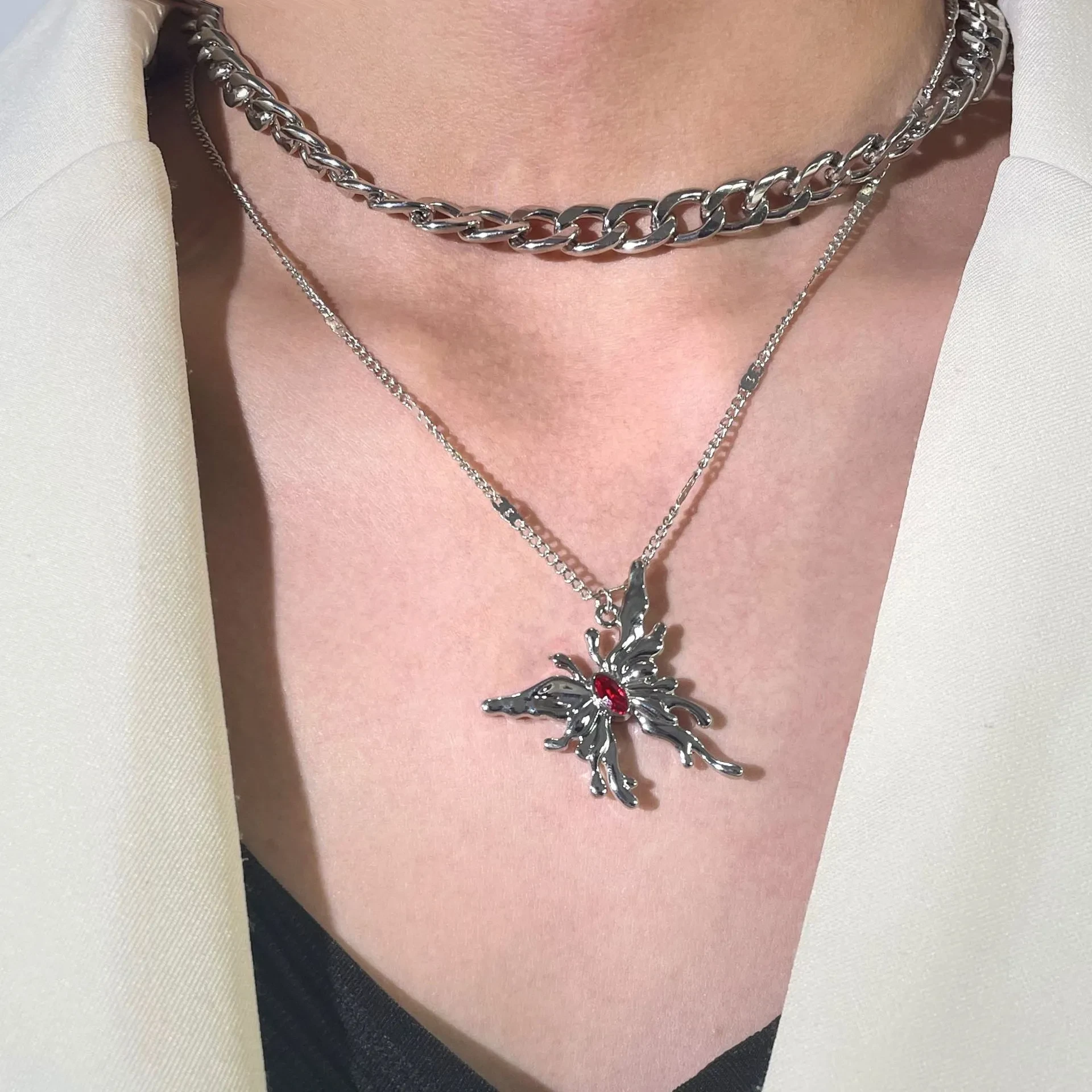 Simple Red Gemstone Butterfly Pendant Multi-layer Necklace