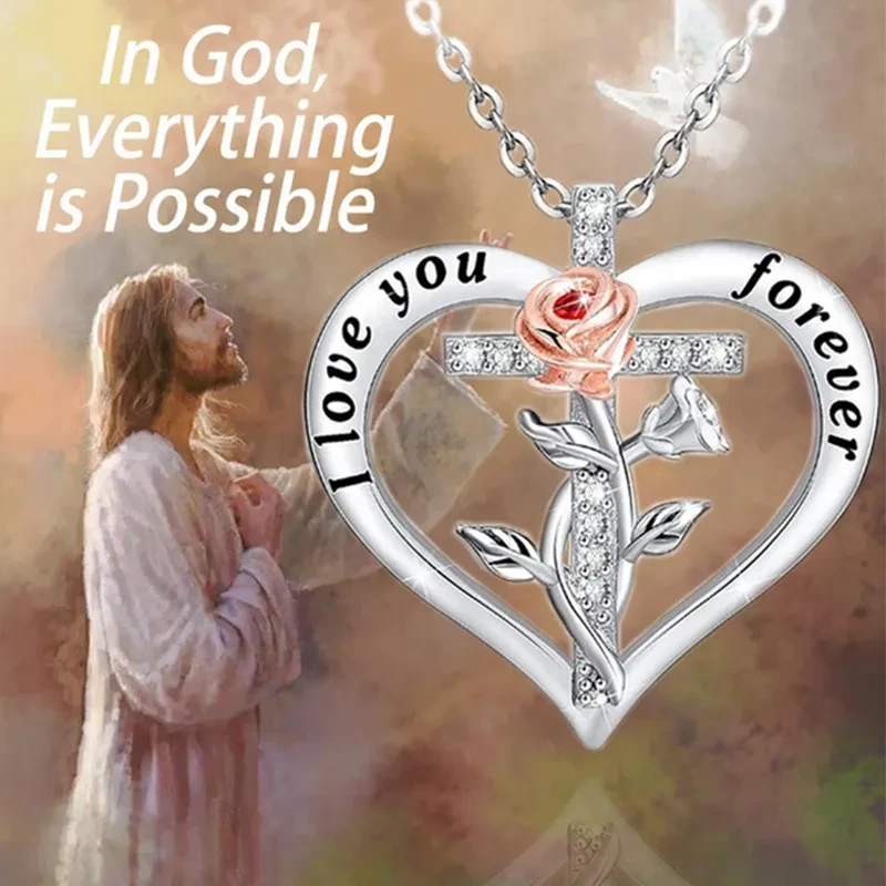 Women's Fashion Simple Heart-shaped Cross With Diamonds Necklace