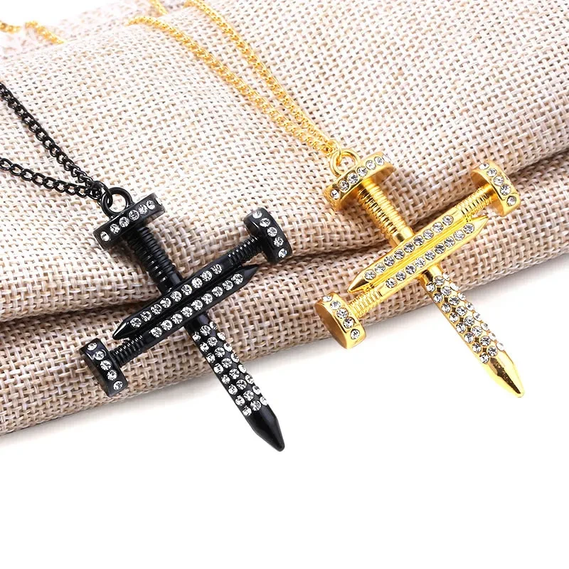 Men's Personality Nail Cross Full Diamond Punk Necklace