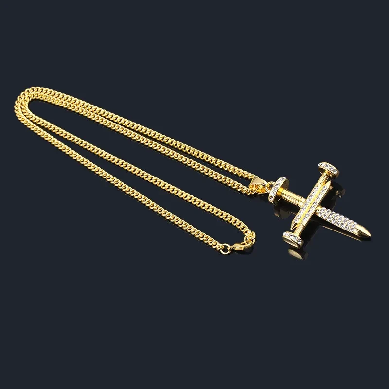 Men's Personality Nail Cross Full Diamond Punk Necklace