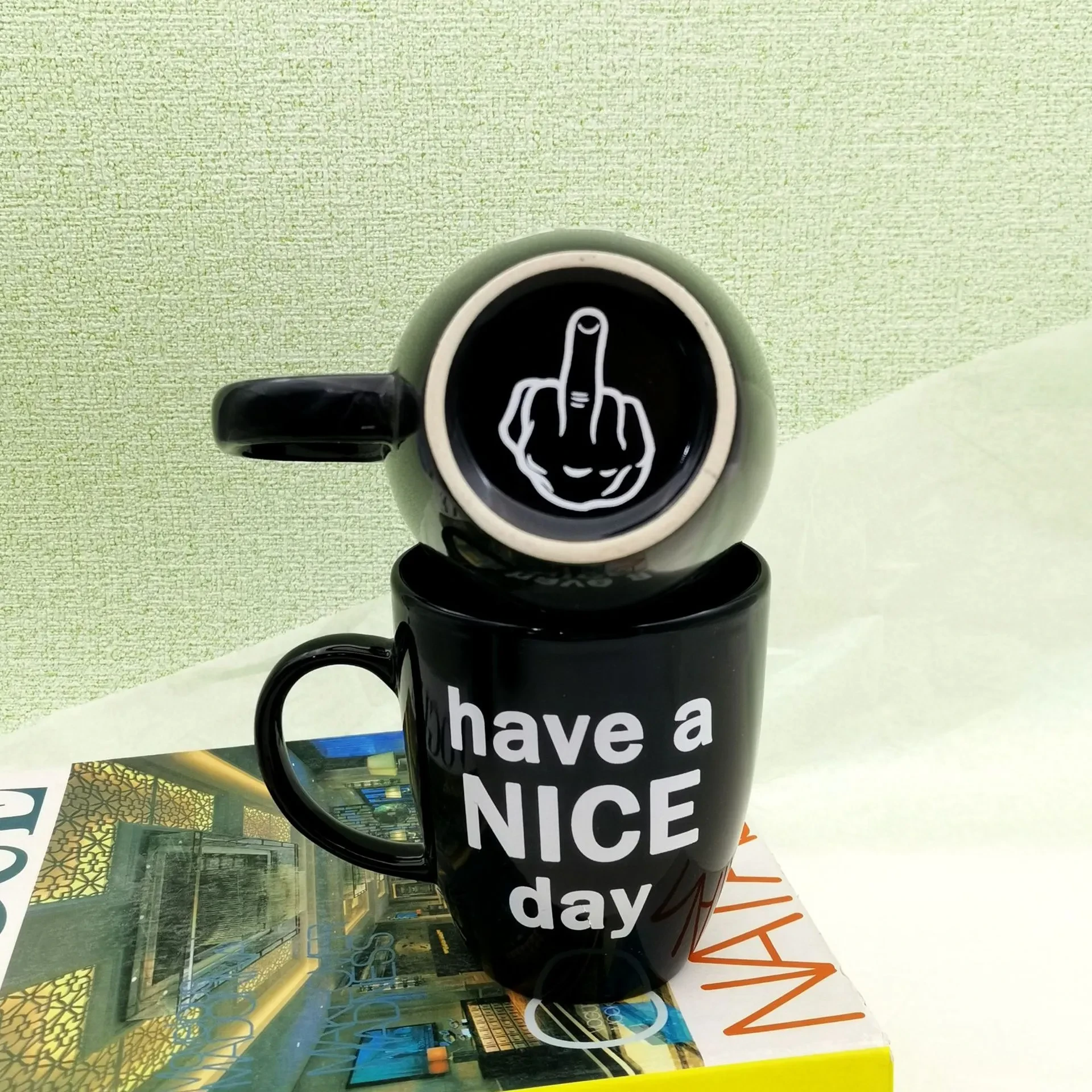 Black Waist Drum Ceramic Have A Nice Day Middle Finger Mug