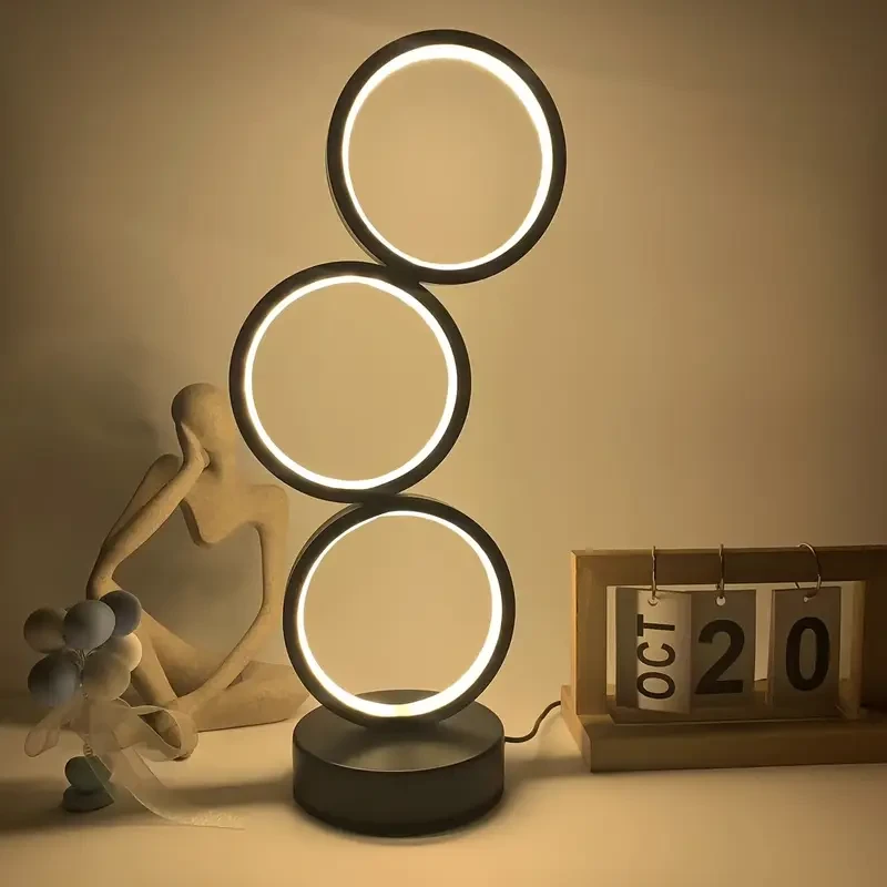 1pc Modern Art Deco LED Ring Desk Lamp  Stylish & Minimalist Design with Triple Circular Light, Adjustable Brightness, USB Powered, Ideal for Bedroom, Living Room, or Office, Perfect for Home Decor