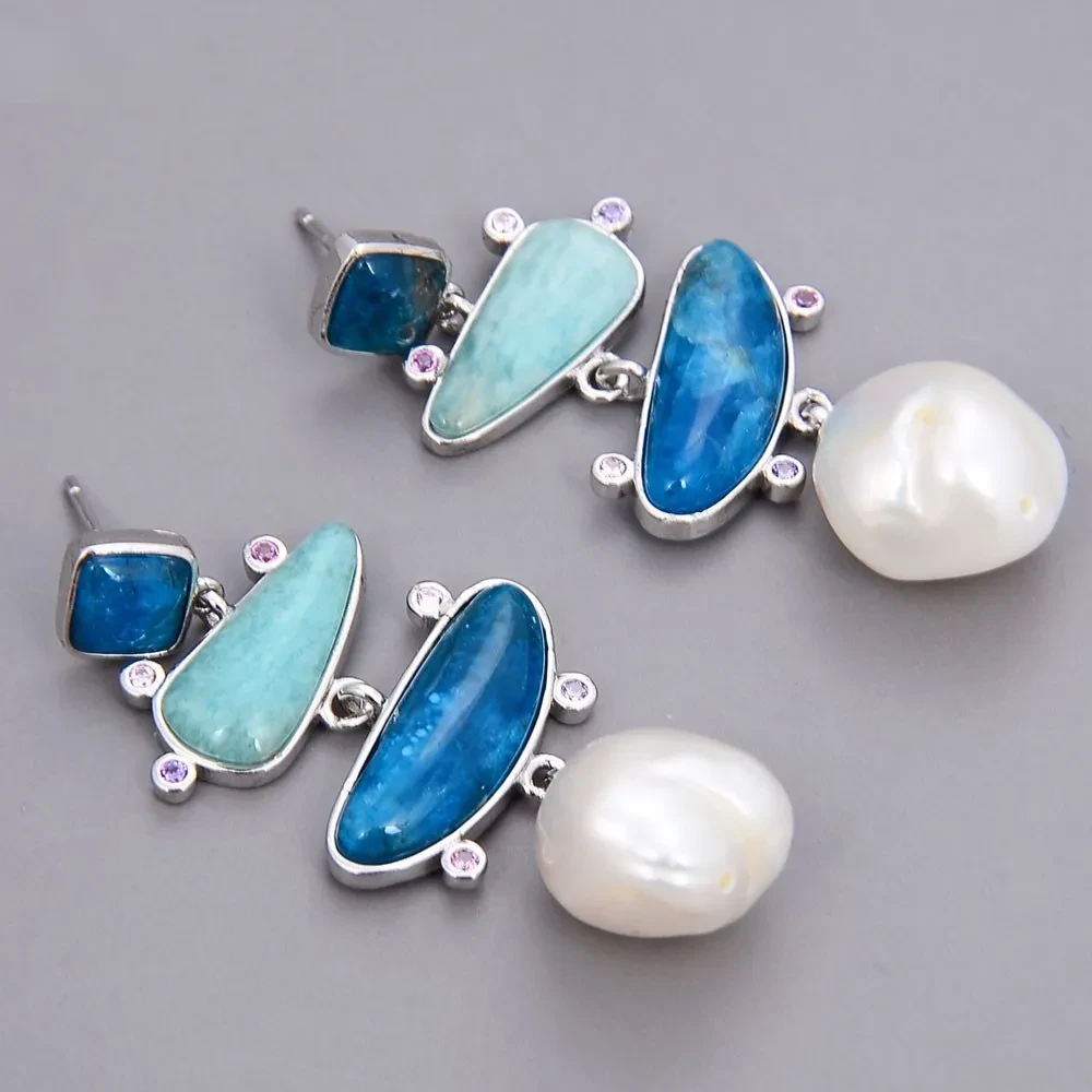 Pearl Earrings Blue Apatite Turquoise Pendant