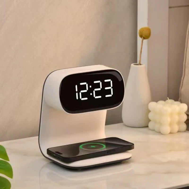 Multifunctional And Portable Bedside Lamp Clock with 15W Wireless Charging