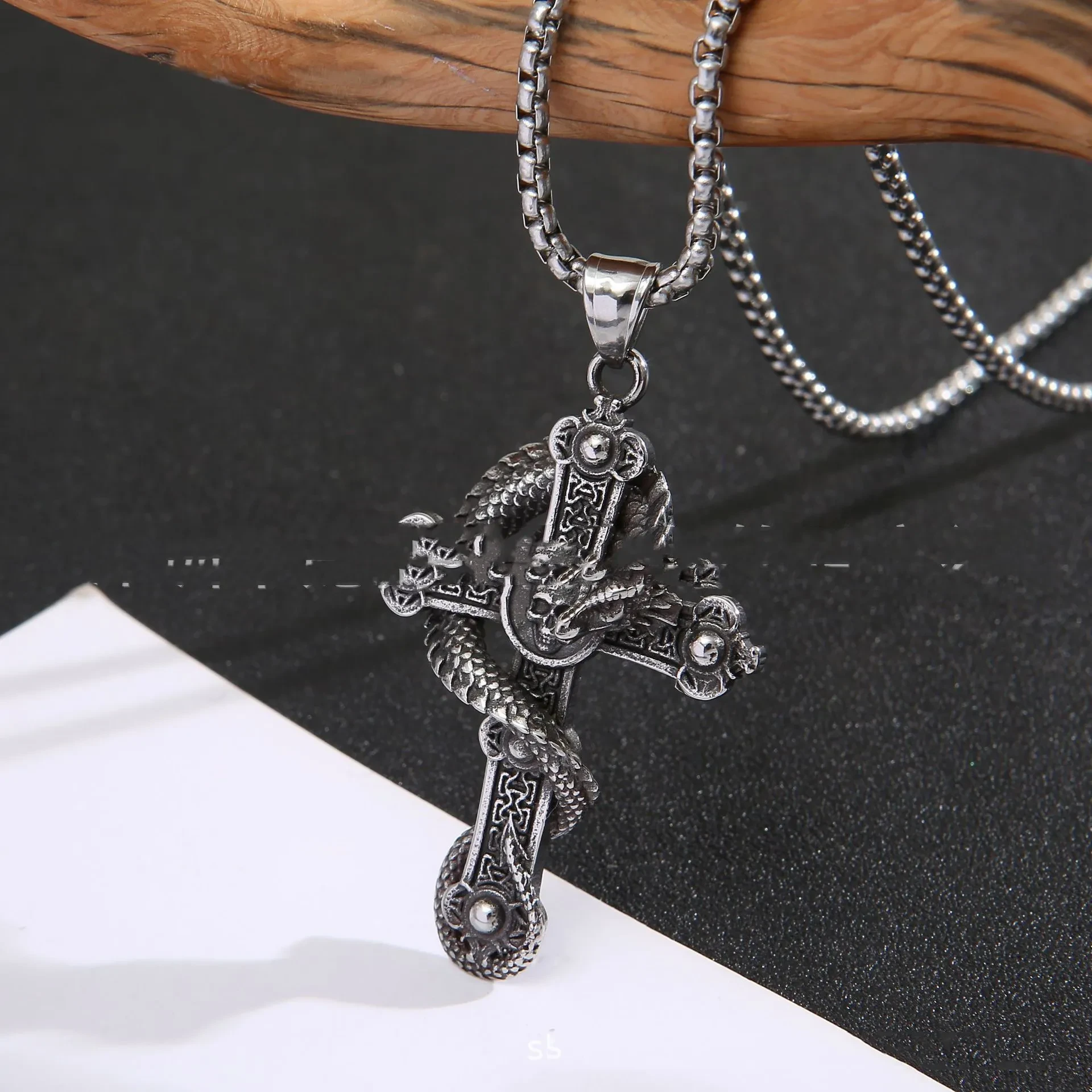 European And American Stainless Steel Necklace Cross Dragon Pendant