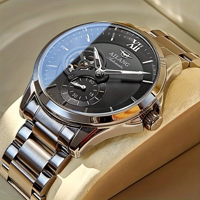 Elegant Automatic Chronograph Watch for Men  Stainless Steel Bracelet, Skeleton Dial, Self-Winding Mechanism, Perfect for Business and Casual Wear