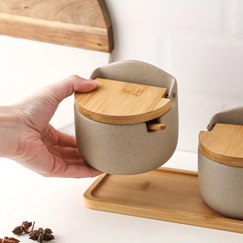 Japanese Ceramic Bamboo and Wood Lid Seasoning Jar Set  Elegant and Practical Storage for Salt, Sugar, and Spices