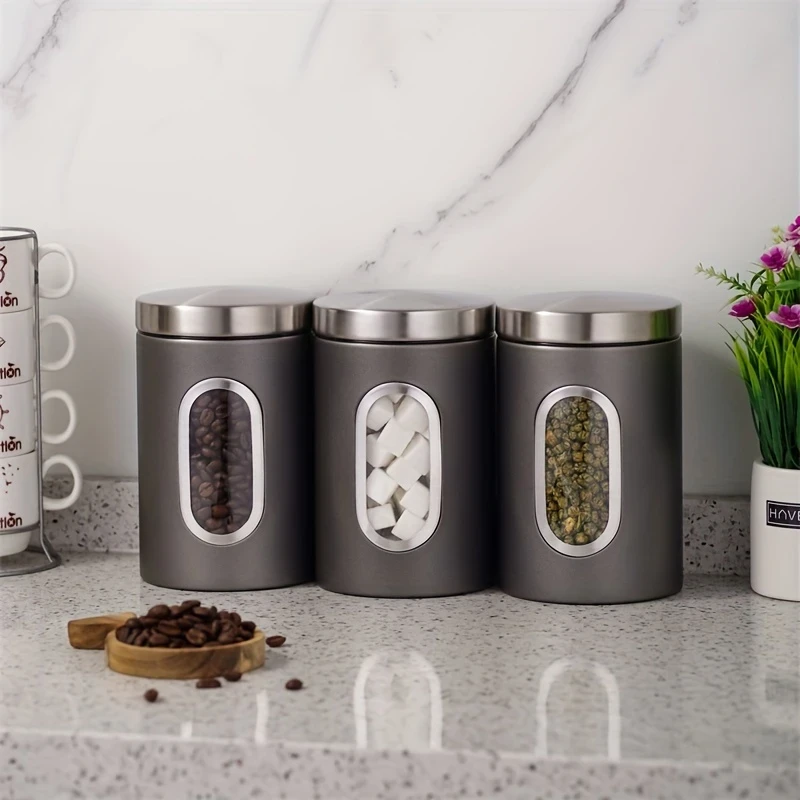 3pcs Black/Gray Food Containers for Coffee, Sugar, Tea, and Beans  Airtight Storage Cans for Kitchen Organization