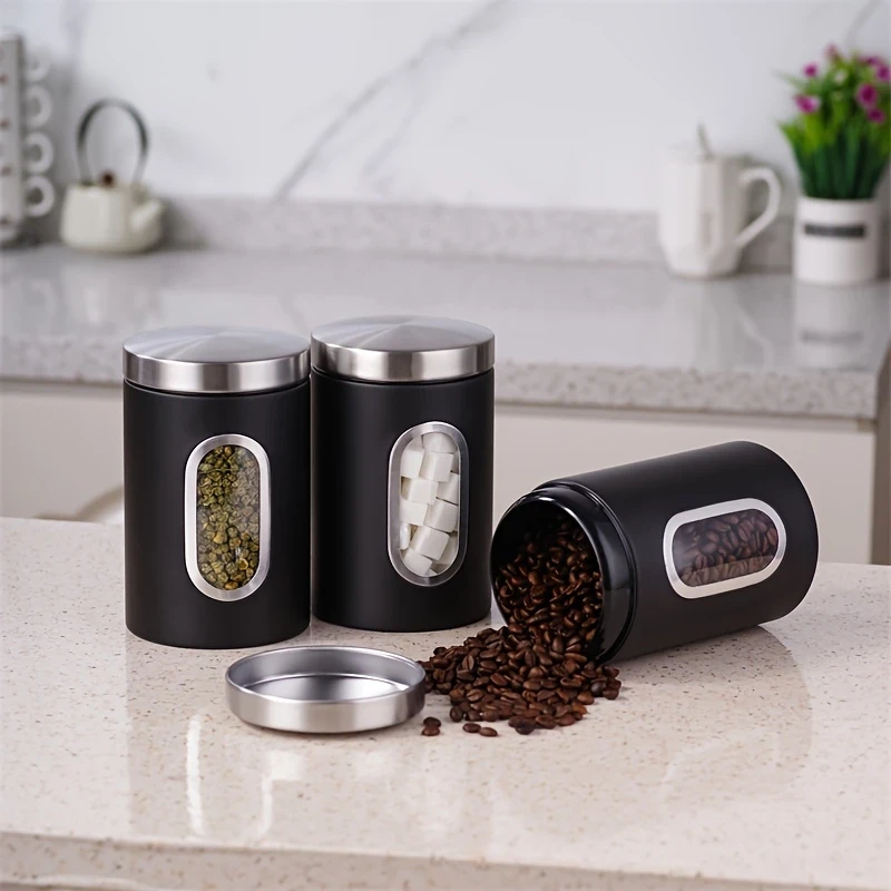 3pcs Black/Gray Food Containers for Coffee, Sugar, Tea, and Beans  Airtight Storage Cans for Kitchen Organization