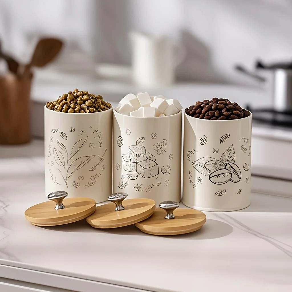 3pcs/Set Coffee, Sugar, Tea Storage Jar with Bamboo Lid  Airtight Round Containers for Kitchen Countertops
