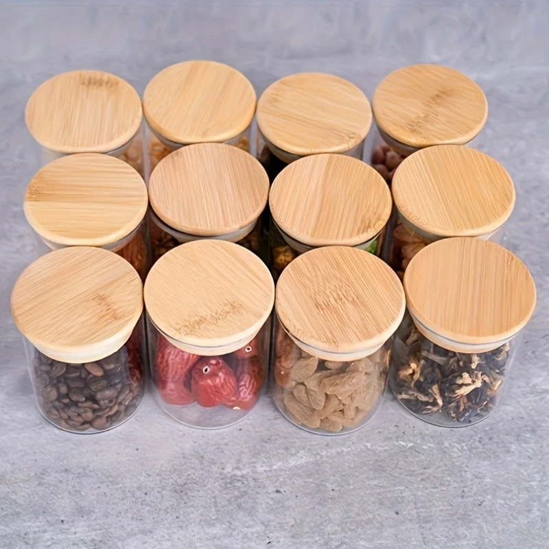 1SET-12-6-4pcs Glass Storage Jars with Bamboo Lids  Airtight Food Containers for Tea, Coffee Beans, Sugar, Cookies, and More Product Overview