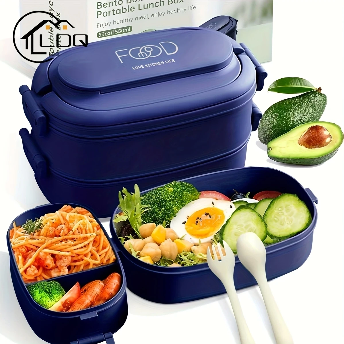 LDQ Stackable Lunch Box with Utensils  Leakproof, Microwave Safe, 1550ml Bento Box for Work & Outdoor Use  Meal Prep Container with Compartments for Salads, Pasta, Veggies