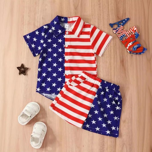 Summer Boys' Independent Japanese Star Stripe Single-breasted Short Sleeve Shorts Suit