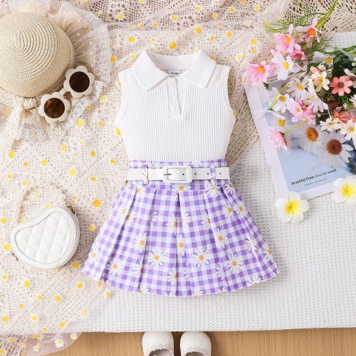 Girls' Suit Sleeveless Sunken Stripe Top With Daisy Plaid Skirt Belt Three-piece Suit