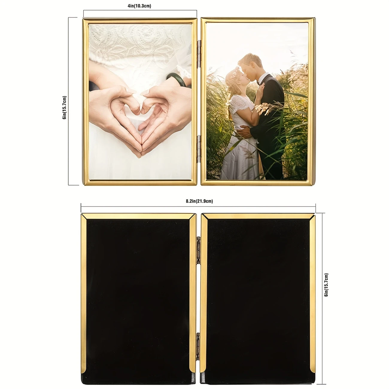 Picture Frame Double Hinged Gold Metal Thin Edge Frame with High Definition Glass Front  Folding Frames Stand Vertically on Tabletop for Portraits & Landscapes