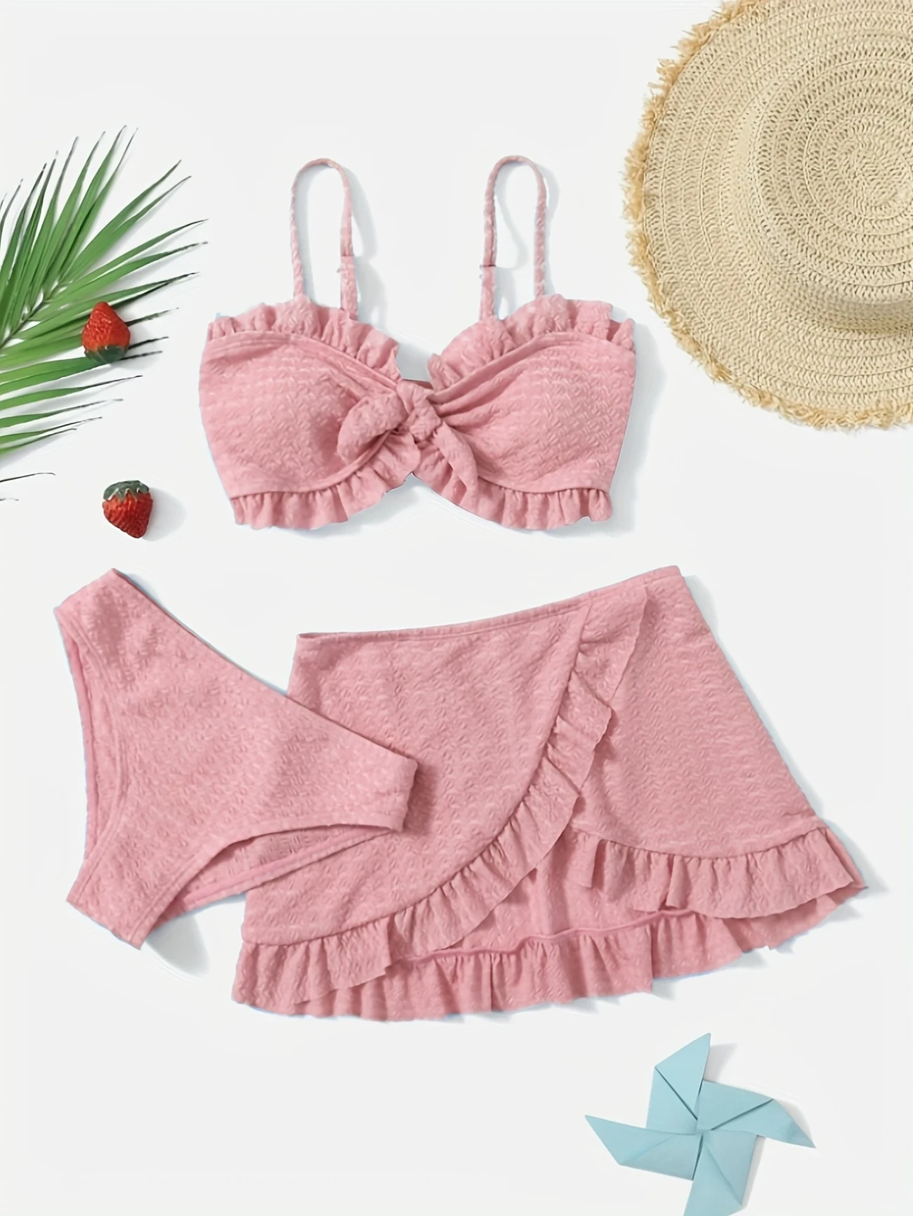 Youngsters's Casual Fashion Swimsuit Solid Color Bikini Skirt Special Fabric Set 3pcs