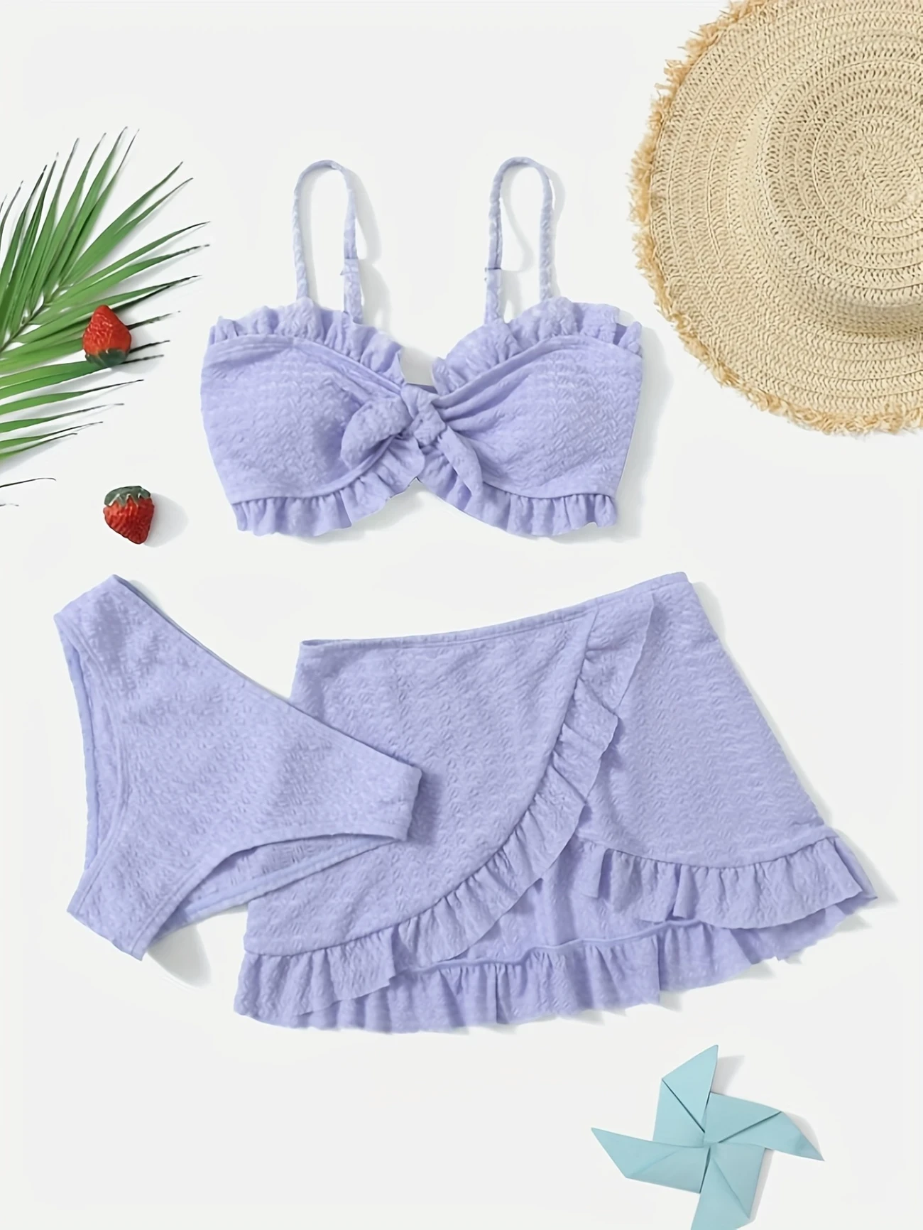 Youngsters's Casual Fashion Swimsuit Solid Color Bikini Skirt Special Fabric Set 3pcs