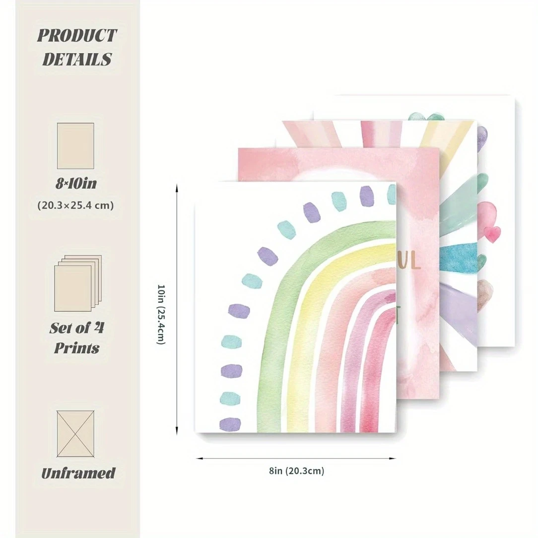 4pcs Pink Boho Sun & Rainbow Wall Art Set - Inspirational Posters for Nursery, Bedroom, and Classroom Decor