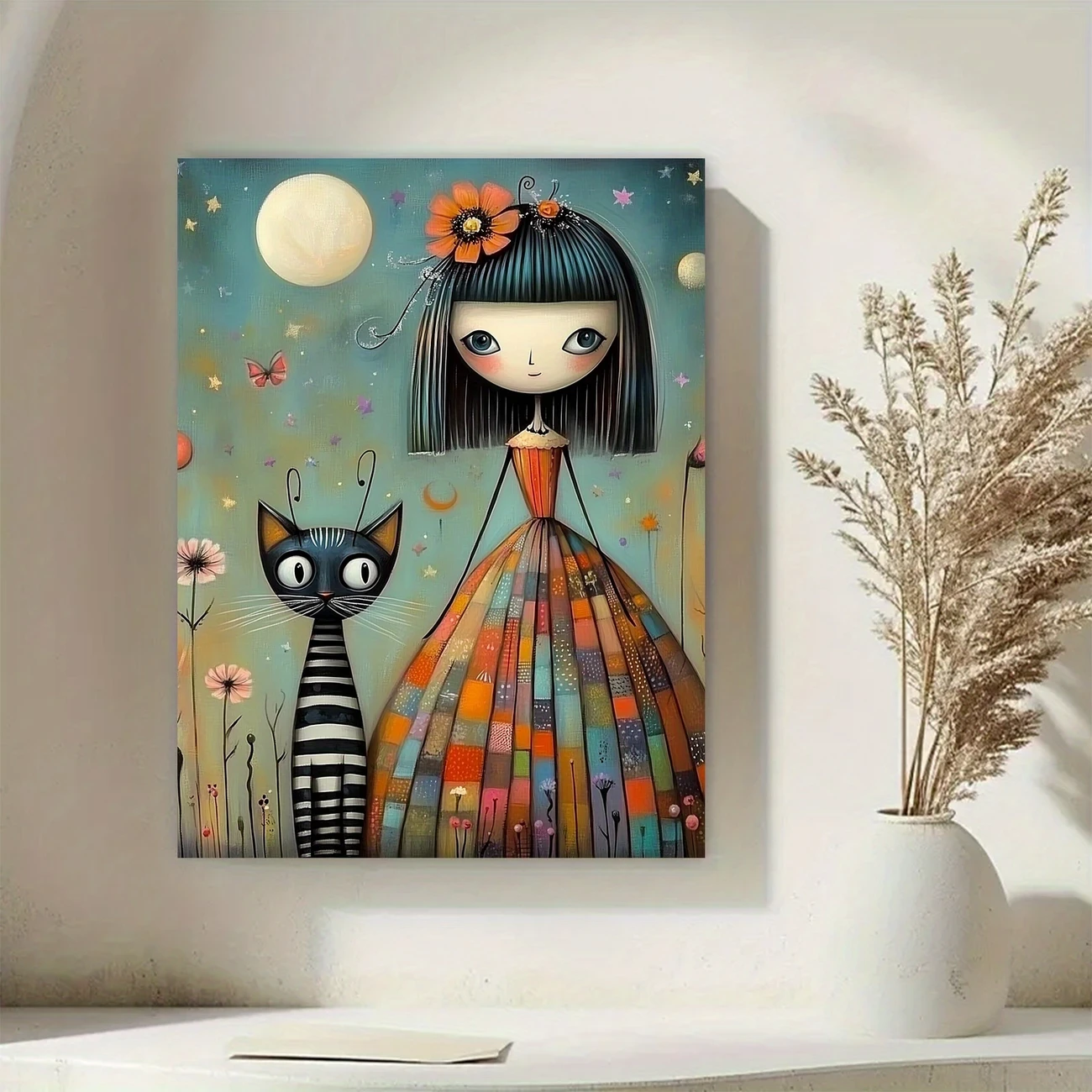 1pc Framed Canvas Art: Whimsical Girl and Cat with Celestial Elements