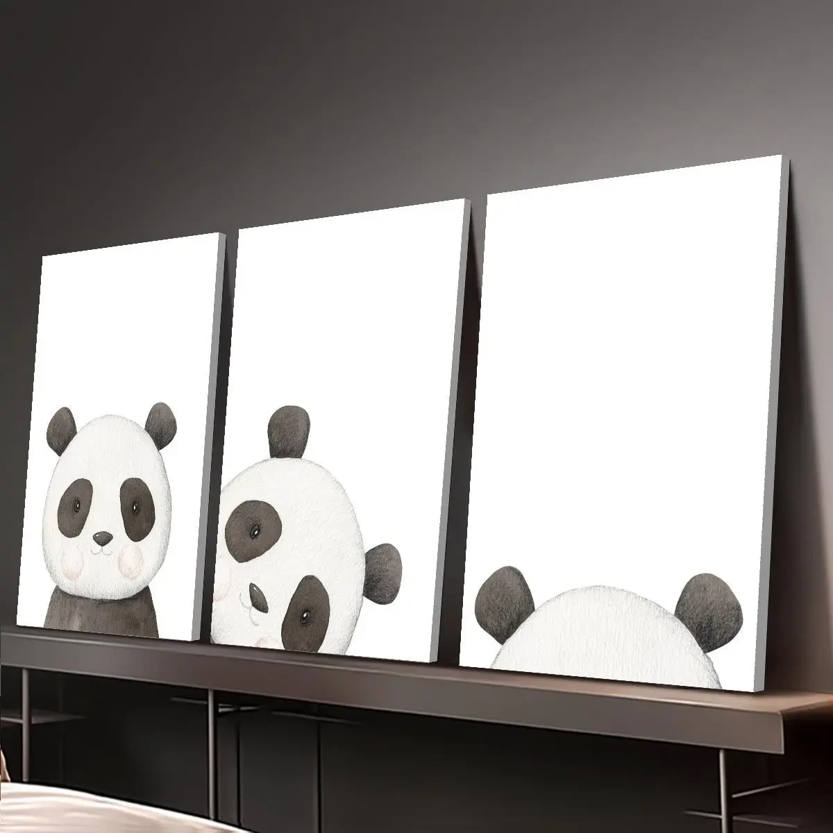 3pcs Wood Frame Canvas Print Decorative Painting  Watercolor Cartoon Panda Painting