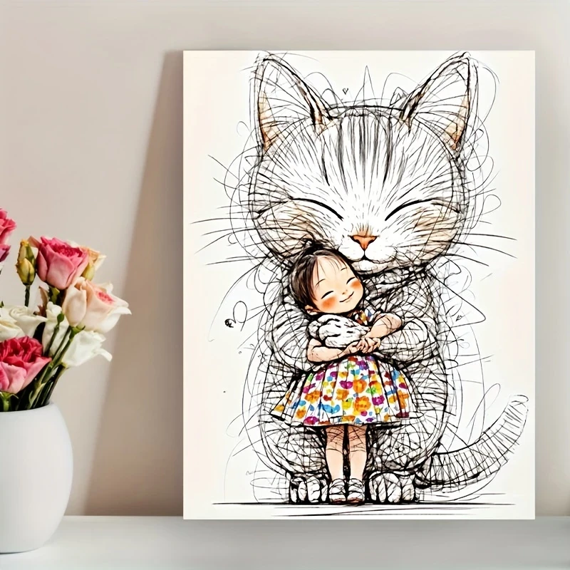 Charming Cartoon Cat & Girl Watercolor Canvas Art  Frameless Modern Wall Art
