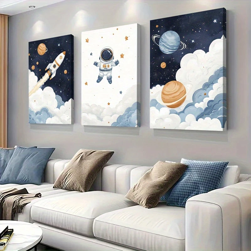 3pcs Space Adventure Wall Art  Cute Astronaut & Rocket in Outer Space Canvas Prints