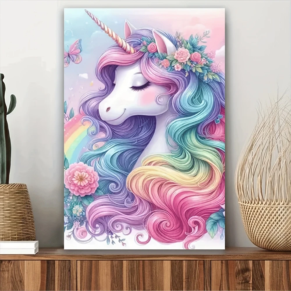1pc One Piece Unicorn Canvas Wall Art  Vibrant Rainbow Mane & Pastel Floral Design